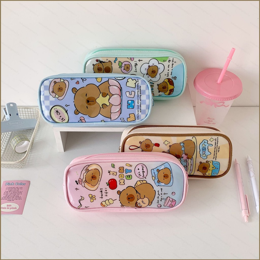 HK1 Capybara Phim Hoạt Hình Hộp Đựng Bút PVC Sinh Viên Túi Bảo Quản Dung Tích Lớn Túi Văn Phòng Phẩm KH1