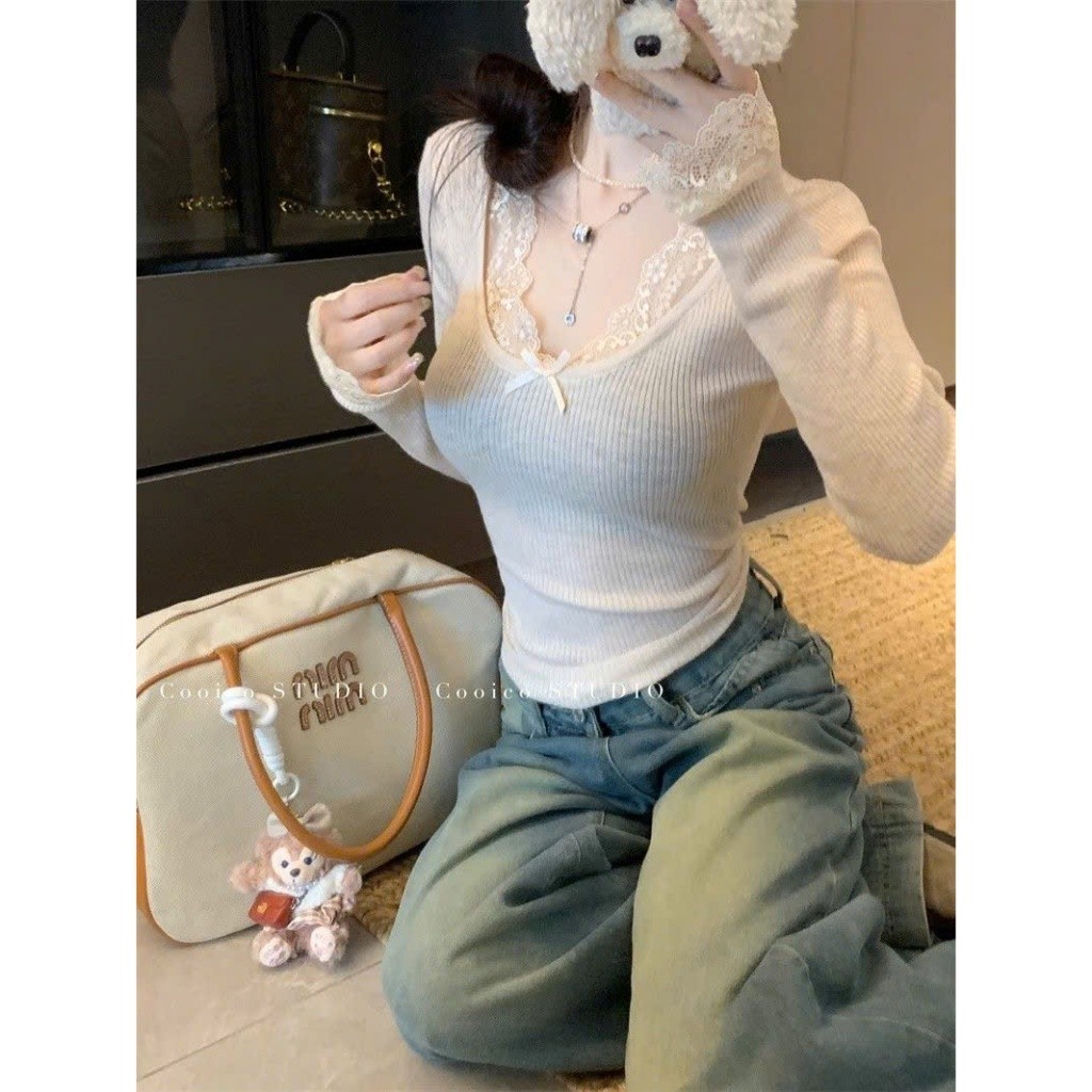 Áo thun thu đông tay dài ôm body thiết kế ren nơ siêu tôn dáng hottrend thu đông XIMIMI SP247