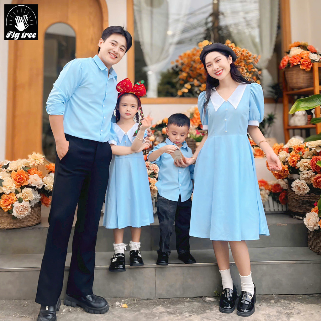 Set Sơ Mi Váy Gia Đình Fig Tree Màu Xanh Nhạt Phối Chụp Hình, Đi Tiệc Siêu Sang ( hàng thiết kế)