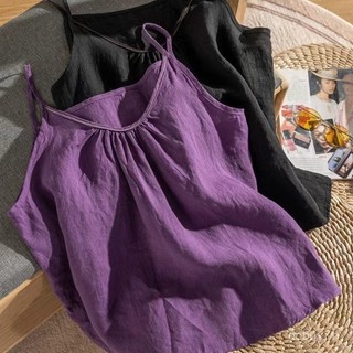 2025 Mùa hè mới áo camisole cotton lanh pha trộn màu sắc đồng nhất, kiểu dáng retro nghệ thuật, nhẹ, vừa vặn, tôn dáng