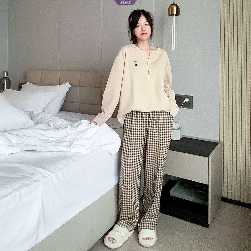 Bộ Đồ Ngủ Mới Mùa Xuân Nữ Cổ Tròn Ins Phong Cách Dài Tay Kẻ Sọc Gấu Rời Homewear Bộ Đồ Hai Mảnh [BL]
