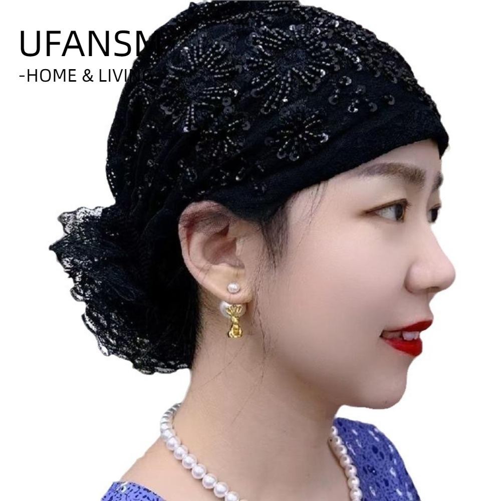 Mũ Bonnet UFASM, Khăn Trùm Đầu Co Giãn Full Cover, Che Tóc Trắng Thoáng Khí Hoa Thêu Mũ Mùa Hè
