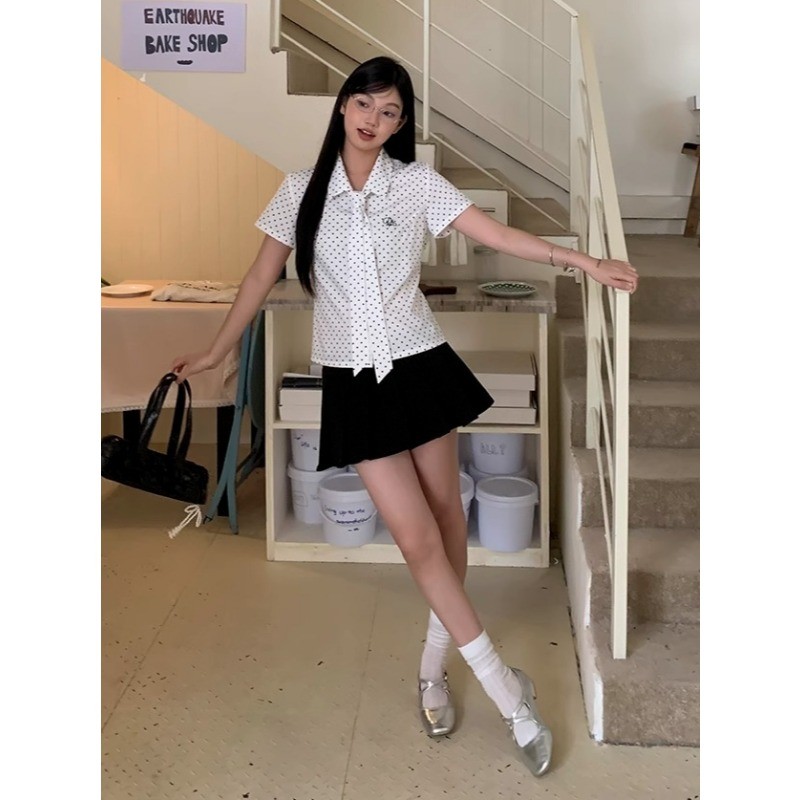 SUXI Áo sơ mi chấm bi kiểu Pháp trắng mùa hè mới dành cho nữ 250509