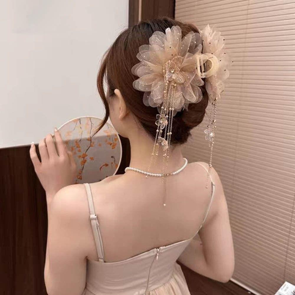 Kẹp Tóc Hoa MERIGGIARE, Chất Liệu Lưới Hoa Sen Kẹp, Tua Rua Kim Sa Lấp Lánh Nhựa Vuốt Tóc Nữ
