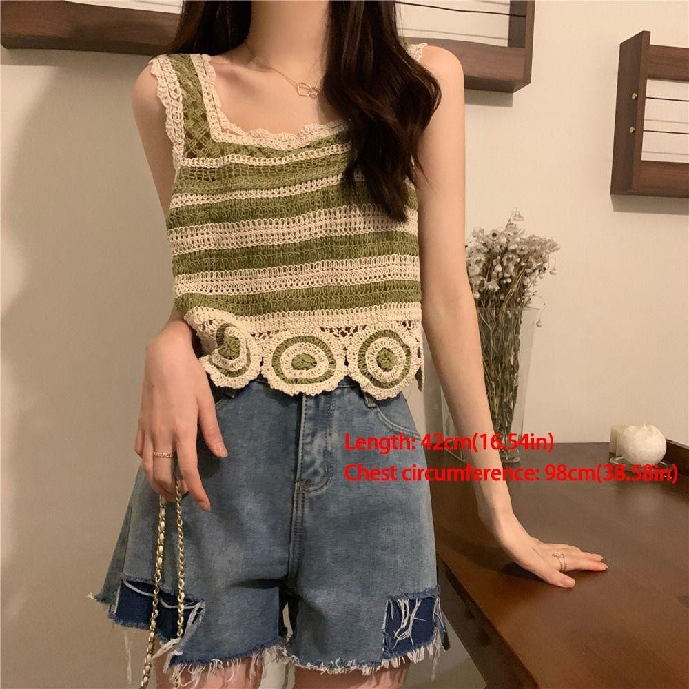 Áo Crop top AWNGD, Áo Vest dệt kim không tay cổ điển, họa tiết thêu thời trang Móc ngắn thanh lịch Bohemia