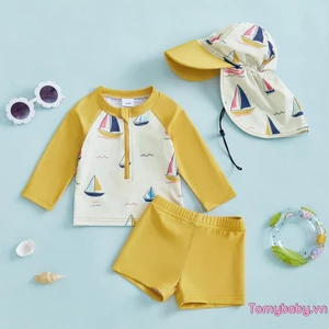 Bộ đồ bơi Baby Boys Rash Guard In thuyền buồm Áo dây kéo dài tay + Quần short chắc chắn + Mũ bơi 3 trang phục