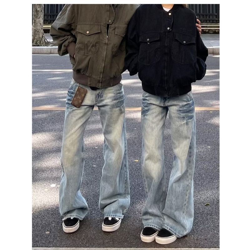 ThaliaWisp Quần Jean Nam Mỹ Retro High Street Lightning Crack Thiết Kế Quần Dài