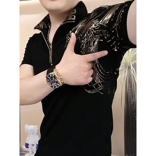 ✨✨1.3000 Người Khen ngợi Hợp Thời Trang Cổ Mạ Vàng Nam Ngắn Tay Co Giãn Áo Nam Mặc Ngoài Xã Hội 25.4.8
