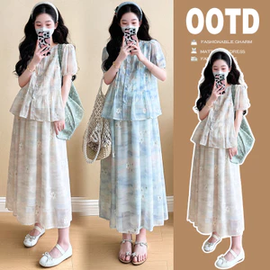 Bộ đồ bà bầu Mùa hè Áo sơ mi hoa phong cách mới + Váy Bộ đồ hai mảnh