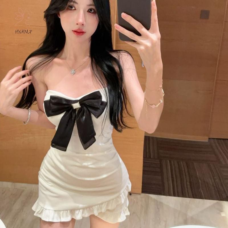 HNKMP Nữ Gợi Cảm Nơ Ruffle Không Đều Thiết Kế Nơ Tiệc Ngắn Câu Lạc Bộ Váy Bustier.