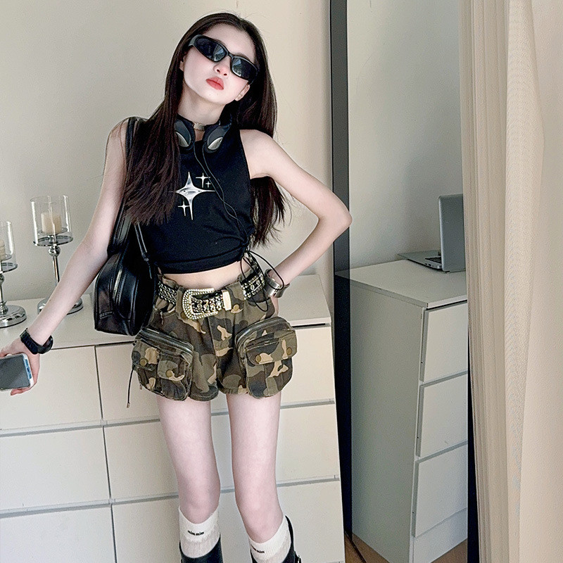 Bộ đồ thời trang mùa hè cho bé gái 2025 Phong cách mới Quần short bỏ túi lớn dành cho trẻ em + Áo Vest in hình Bộ đồ hai mảnh