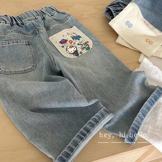 Quần jeans rộng rãi phong cách Hàn Quốc mới cho bé gái mùa xuân và mùa thu, quần thẳng thời trang cho trẻ em, quần dài hoạt hình cho bé gái
