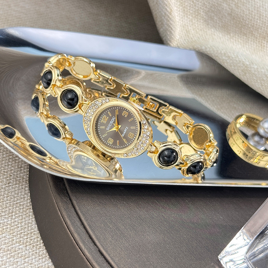 Đồng hồ nữ Bộ kim cương hình elip Vòng tay đá quý màu kho báu Fortune Treasure Đồng hồ thạch anh nữ Năm màu để lựa chọn: Trắng, Hồng, Đen, Đỏ, Xanh lục