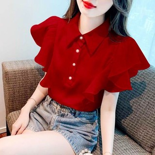✨2617 Khen ngợi Xù Bay Tay Áo Sơ Mi Ve Áo Mùa Hè 2024 Thiết Kế Niche Độc Đáo Tay Ngắn Top 25.5.9