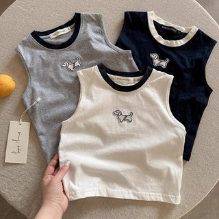 Áo phông không tay hoạt hình trẻ em cotton mùa hè, Ba Lỗ thêu hình chó con phong cách phương Tây cho bé trai bé gái