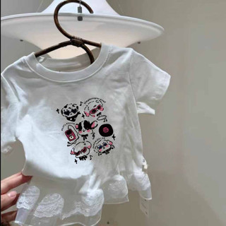 Áo thun ngắn tay cotton mới cho bé gái mùa hè, họa tiết chắp vá, viền ren, áo in hình dễ thương cho trẻ em