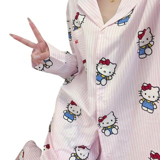 Hellokitty Bộ Đồ Ngủ Mèo Nữ Xuân Thu Hàng Mới Về Sọc Dài Tay Phong Cách Nhật Bản Hoạt Hình Sinh Viên Nhà Quần Áo Phù Hợp Với Mặc Ngoài