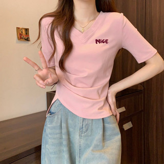 [MIZIQI] Áo thun ngắn tay cổ chữ V Cotton nguyên chất dành cho nữ, Áo thun nữ xẻ viền không đều