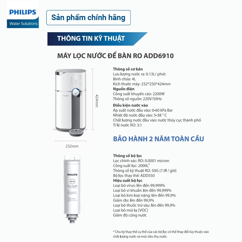 Máy lọc nước RO để bàn Philips ADD6910 - Hàng Chính Hãng - Bảo Hành 24 Tháng