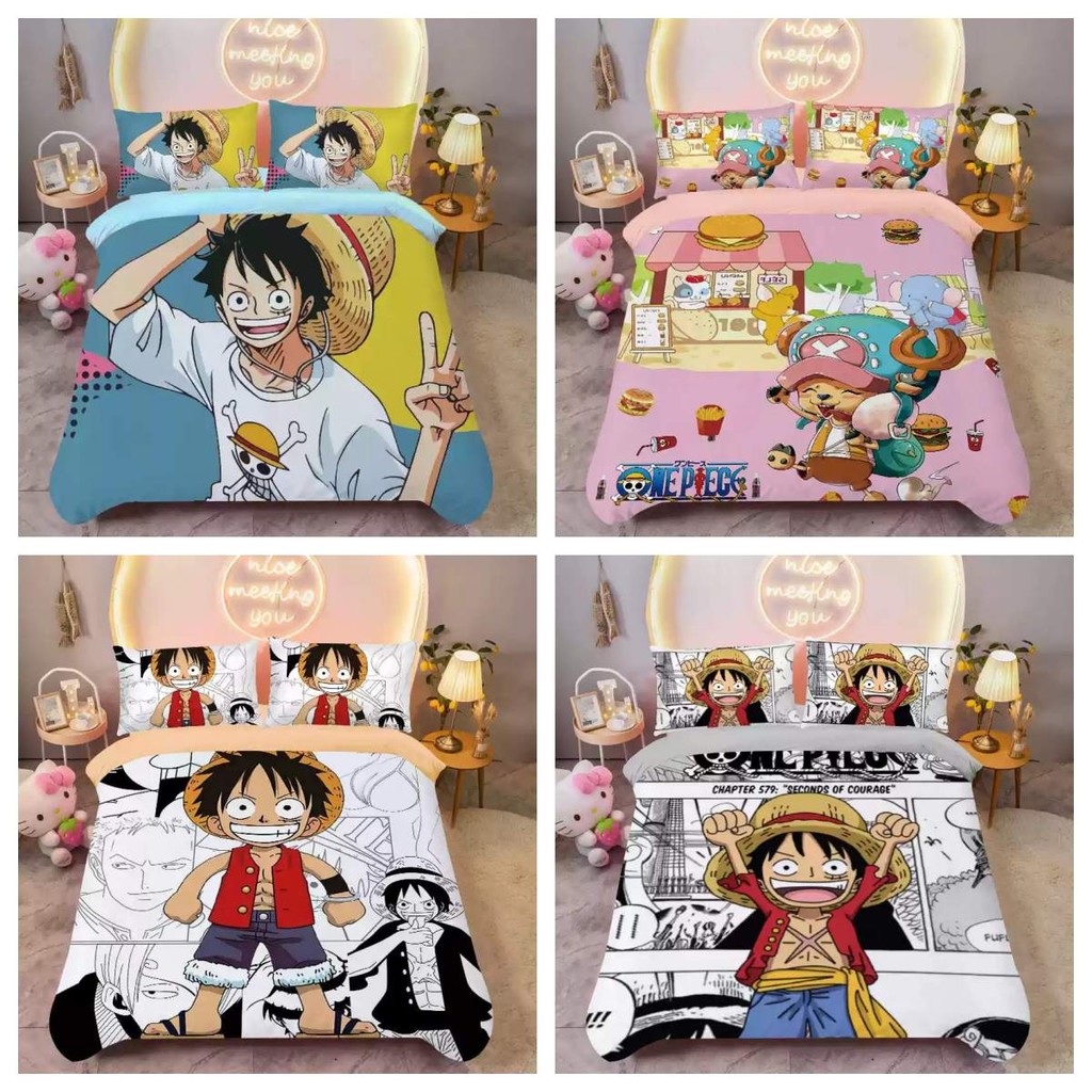 Ps1 ONE PIECE Luffy 3IN1 Ga trải giường Vỏ chăn gối Bộ chăn ga gối Phòng ngủ gia đình Bộ đồ Anime có thể giặt được SP1
