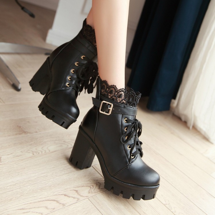 Cỡ 33-43 Size Lớn Size Nhỏ Size ngắn giày bốt đơn mùa xuân thu đông Giày Nữ Giày Bốt Martin dây buộc Gót Thô siêu cao gót Bốt ngắn phong cách Anh