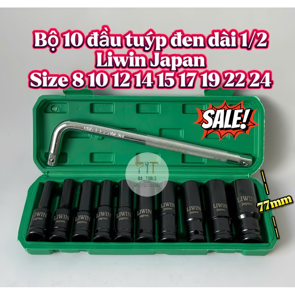 Combo 10 đầu tuýp đen dài 1/2 Liwin Japan 77mm gắn máy vặn siết ốc đa ...
