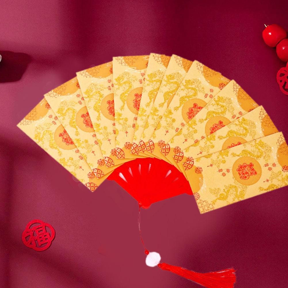 [6 / 10 CÁI] Phong bì màu đỏ hình quạt năm mới Phong bì màu đỏ gấp phong bì màu đỏ màu vàng Angpao Z4K8