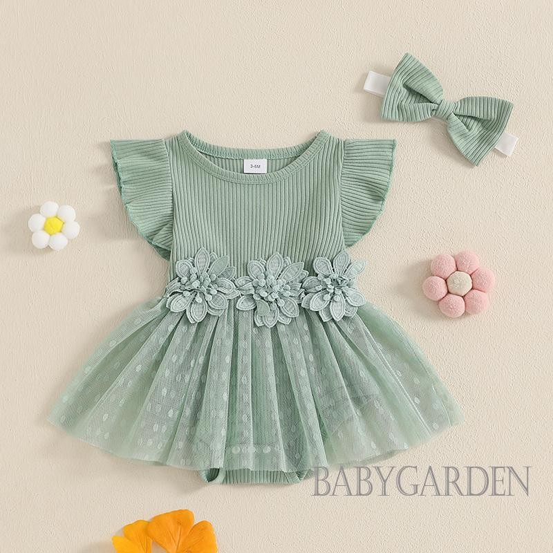 / / -Baby Girl Lưới Hem Tay Ngắn Cổ Tròn Hoa Miếng Dán Màu Trơn Dễ Thương Romper Đầm Có Nơ Băng Đô Mùa Hè