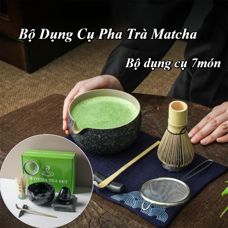 Bộ dụng cụ 7món pha matcha gồm Bát đánh matcha,Bao Gồm Chasen, Bát Matcha và Đế Gốm An Toàn