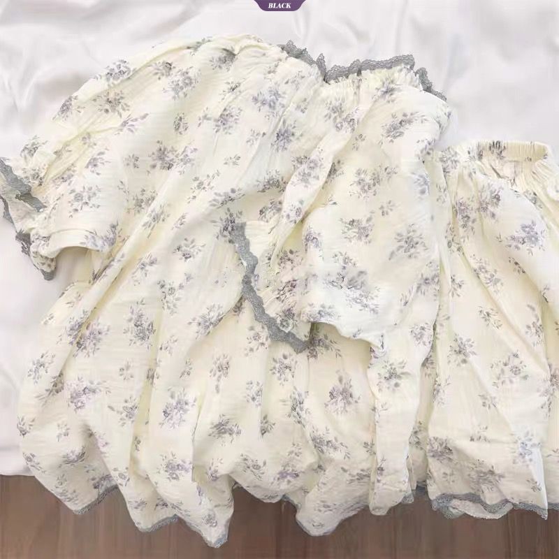 Bộ Đồ Ngủ Hoa Dễ Thương Nhật Bản Nữ Mùa Hè Tay Ngắn Ngọt Ngào Nơ Cổ Tròn Loungewear Set [BL]
