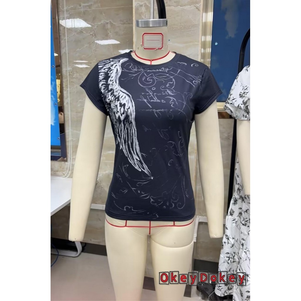 OKDK-Áo thun Gothic cơ bản cổ điển dành cho nữ Áo thun ngắn tay in hình cánh thiên thần cho quần áo dạo phố Quần áo Grunge thẩm mỹ