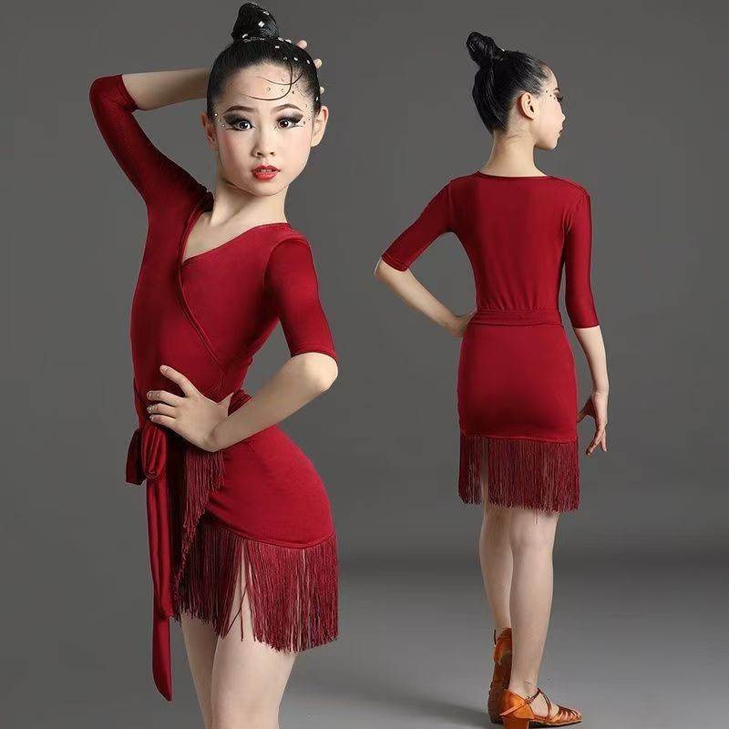 💕Chỗ💕 Trẻ Em Quần Áo Khiêu Vũ Latin Cổ Chữ V Tay Áo Dài Tua Cho Bé Gái 3 Đến 15 Tuổi Váy Khiêu Vũ Latin Xinh Xắn Trang Phục Biểu Diễn