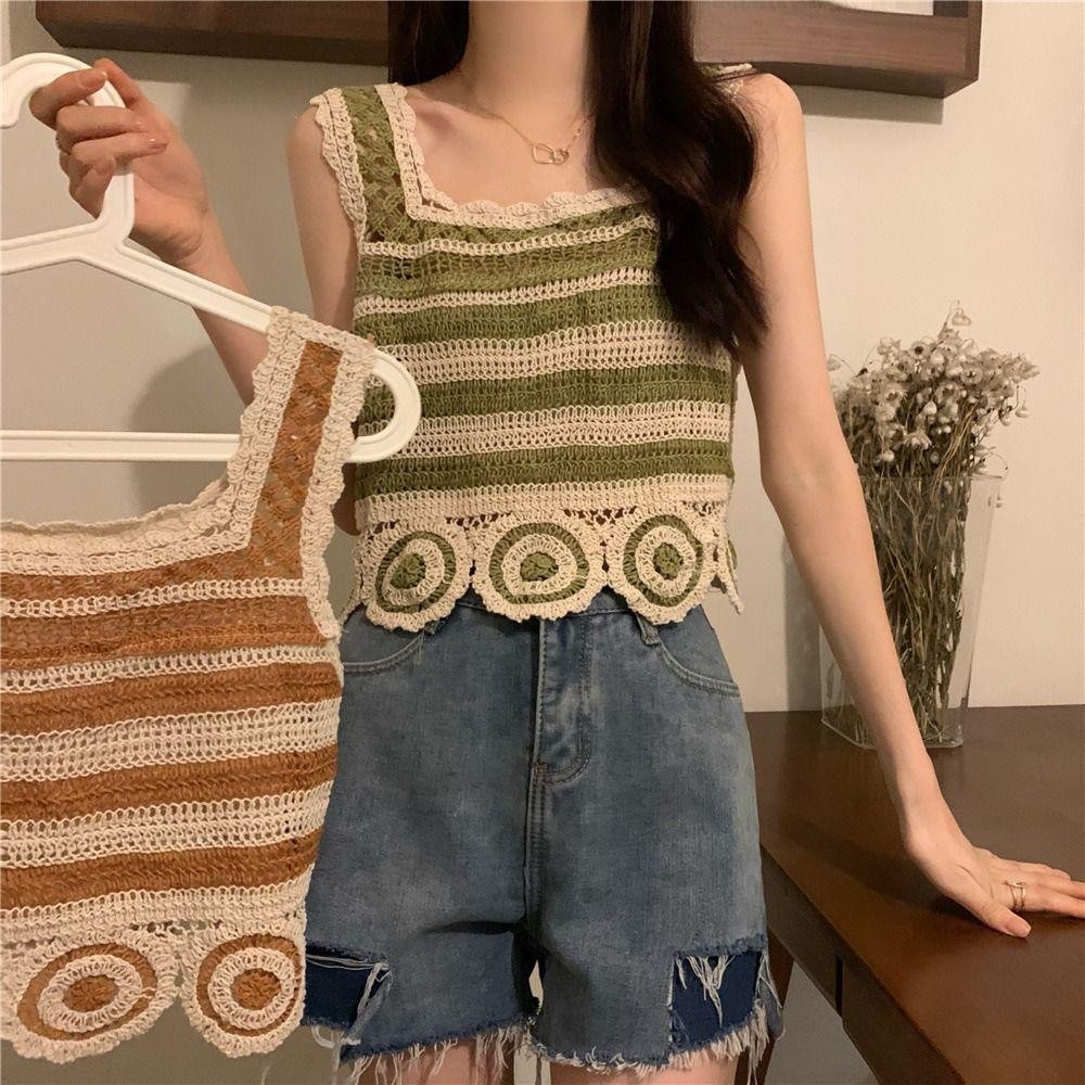 Áo Crop top AWNGD, Áo Vest dệt kim không tay cổ điển, họa tiết thêu thời trang Móc ngắn thanh lịch Bohemia
