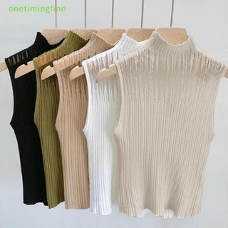 Onetimingfine Mùa Hè Hàn Quốc Nửa Cổ Rùa Rỗng Dệt Kim Áo Vest Nữ Màu Trơn Không Tay Slim Top VN