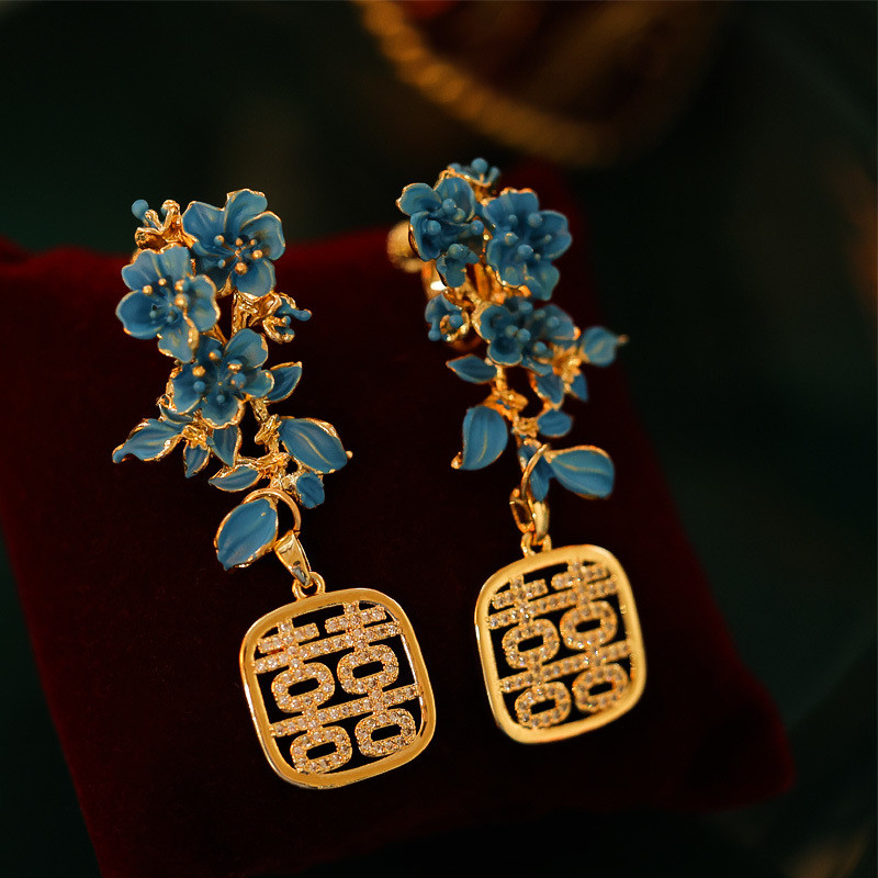 Bông Tai Phong Cách Trung Hoa Hoa Micro-Dát Đôi Hạnh Phúc Bông Tai Cung Điện Tính Khí Sườn Xám Cloisonne Kẹp Tai Phong Cách Không Xuyên Phụ Kiện 24.11.26