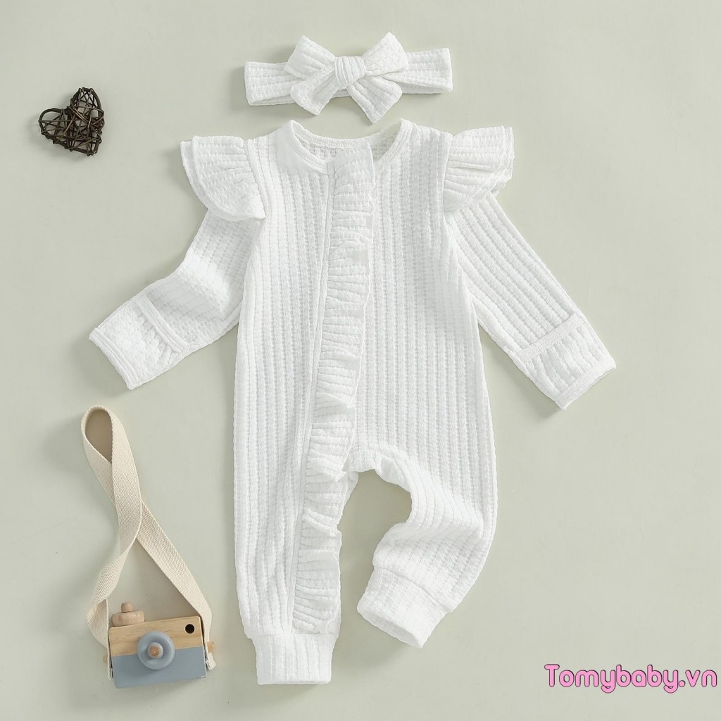 Bộ áo liền quần bé gái màu trơn xù Bộ áo liền quần dài tay Quần áo mùa thu có băng đô