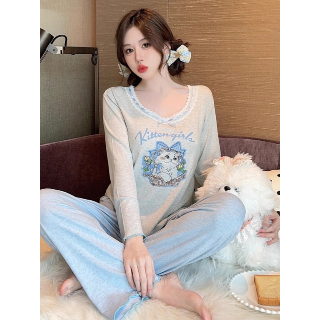 Size Lớn 100kg Xuân Thu Phong Cách Mới Bộ Đồ Ngủ Dài Tay Nữ Mèo Con In Hình Loungewear Set