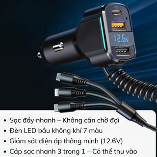 Bộ Sạc Xe Hơi K4 Myd.23 Cáp Sạc 3 Trong 1 Lò Xo USB Kép Dành Cho Ô Tô Hỗ Trợ PD 20W