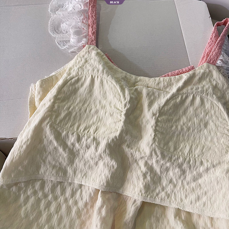 Nơ Hồng Có Miếng Lót Áo Ngực Bộ Đồ Ngủ Nữ Mùa Hè Ren Ngọt Ngào Gợi Cảm Quần Short Homewear Suit [BL]