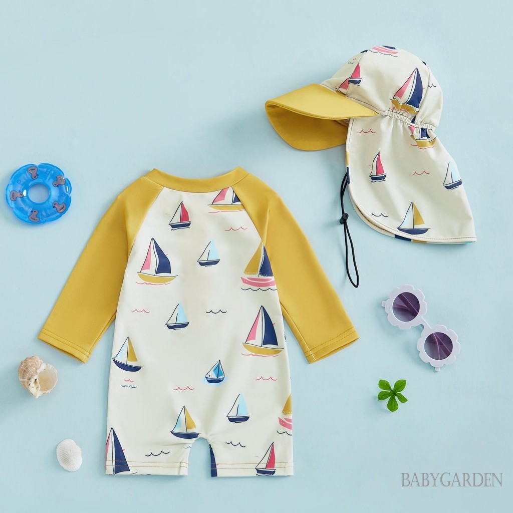 / / -0-5 tuổi Trẻ Em Bé Trai Rash Guard Đồ Bơi Có Mũ Thuyền buồm In Khóa Kéo Dài Tay Cổ Tròn Đồ Bơi Bé Trai