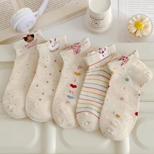 Tất ngắn mùa hè cho bé gái họa tiết hoạt hình chấm bi, cotton nguyên chất, phong cách ngọt ngào