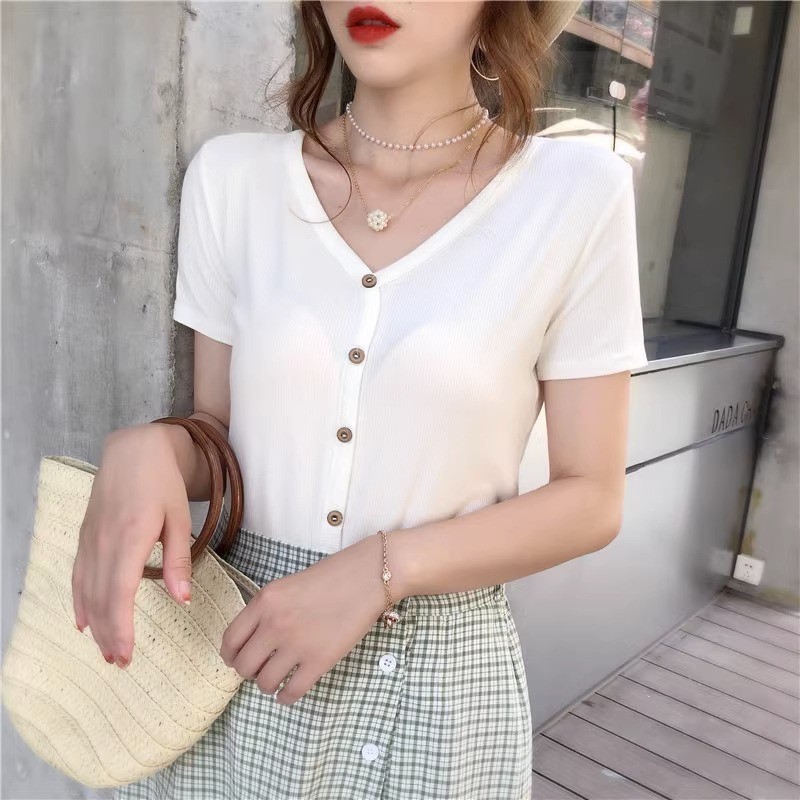 Áo thun ngắn tay nữ mùa hè mỏng cổ chữ V nhỏ Slim-fit thon gọn hơn trông màu đen Áo thun nữ phong cách ngắn