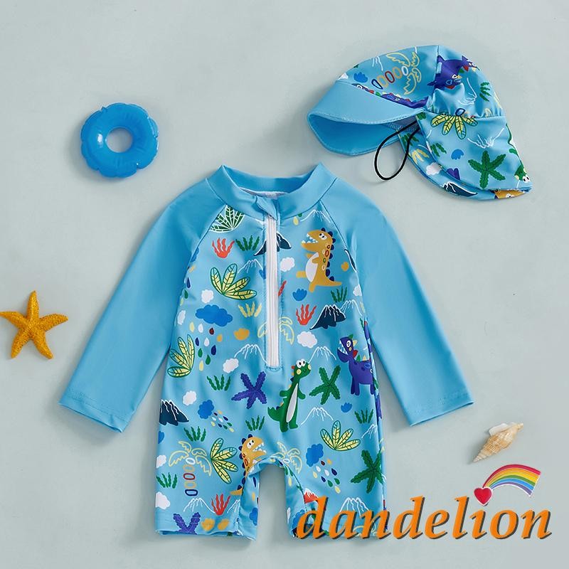 0-5 tuổi Trẻ em / Bé trai Rash Guard Bộ đồ bơi một mảnh in hình cá mập dài tay nửa có khóa kéo Bộ đồ tắm có mũ chống nắng