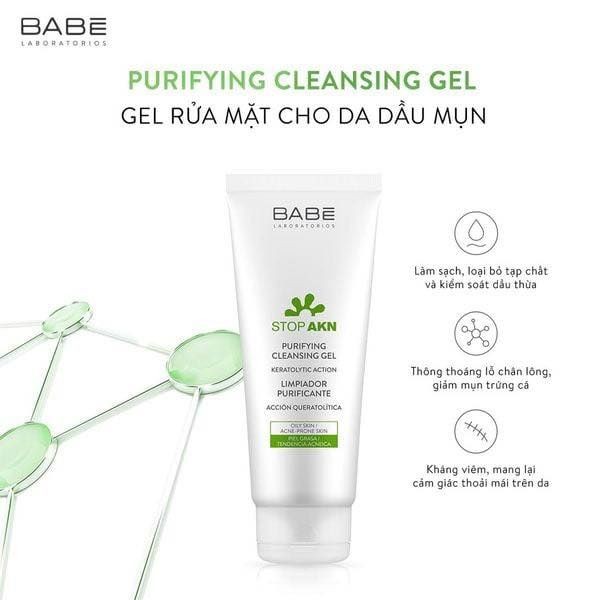 Gel rửa mặt dịu nhẹ cho da dầu mụn BABE Stop AKN Purifying Cleansing ɡel 200ml