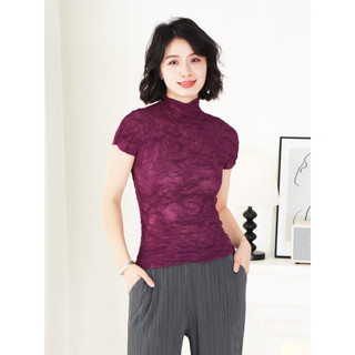 Miyake Xếp Ly Phong Cách Mới Đơn Giản Slim-fit Bên Trong Tay Ngắn Cổ Nửa Cao Áo Chui Đầu Nữ Mỏng T @ -