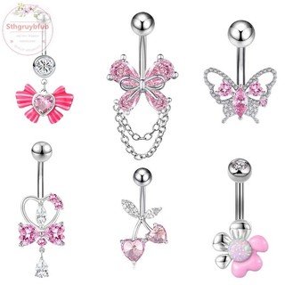 STHB Hồng Zircon Bụng Nút Nhẫn Thép Không Gỉ Trái Tim Bướm Rốn Xuyên Barbell Dành Cho Nữ Đi Biển Bụng Nhẫn Trang Sức Cơ Thể VN
