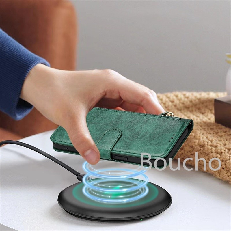 Dành Cho Iphone 13 14 15 16 Plus Pro Max 16E Retro Da PU Thẻ Bỏ Túi Khe Cắm Chống Sốc Flip Cover Thời Trang Dây Kéo Ví Điện Thoại
