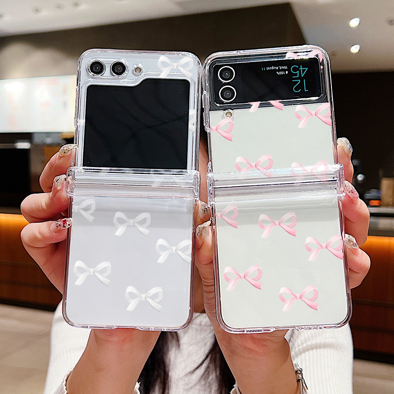 Ốp Điện Thoại Trong Suốt Họa Tiết Nơ Dễ Thương Cho Samsung Galaxy Z Flip 7 Flip 6 Flip 5 Flip 4 5G Full Bản Lề Cứng PC Gấp Bao Dành Cho Samsung Z Flip7 Flip6 Flip5 Flip4 Flip3