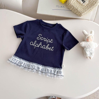 Áo phông bé gái tay ngắn cotton phong cách Hàn Quốc mùa hè phối ren in chữ