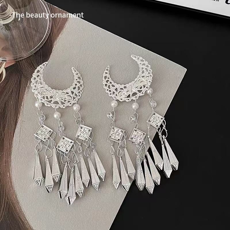 MAUROPOLI [Sẵn sàng] Phong cách cổ xưa Áo choàng cổ Hoa Lưỡi liềm Miao Bạc Tua Rua Kẹp tóc Bé gái Phong cách mới Phong cách dân tộc Hanfu Cover Sideburns Kẹp tóc bên Mũ đội đầu